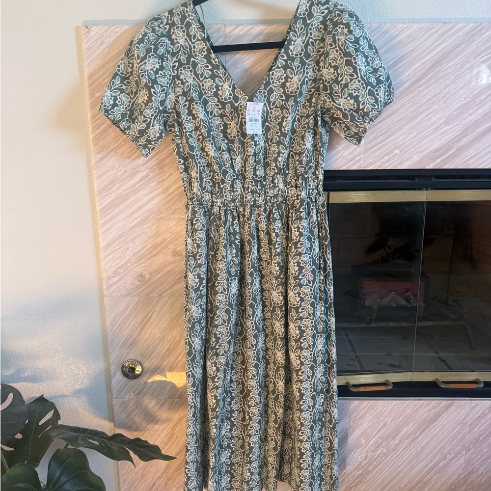 J. Crew Green and White Floral Midi Dress
